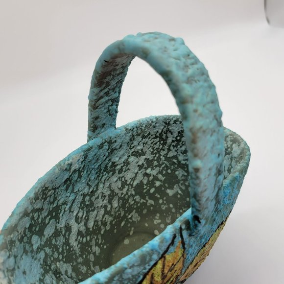 Vintage MCM Italian Pottery Basket Blue Lava Glaze With Yellow Leaf 8" Hand Pain - Picture 13 of 13